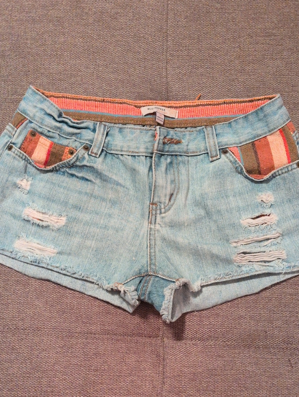 Blu Pepper Light Wash Distressed Denim Shorts with Striped Pocket Detail